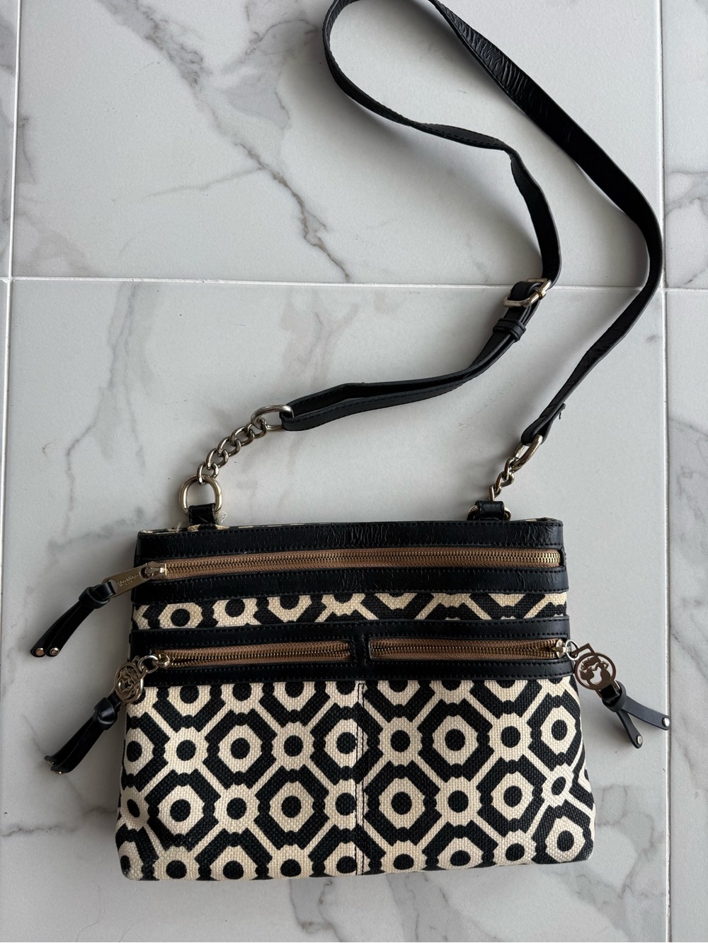 RARE Spartina 449 Black Cream Geometric Linen Leather Triple Zip Crossbody